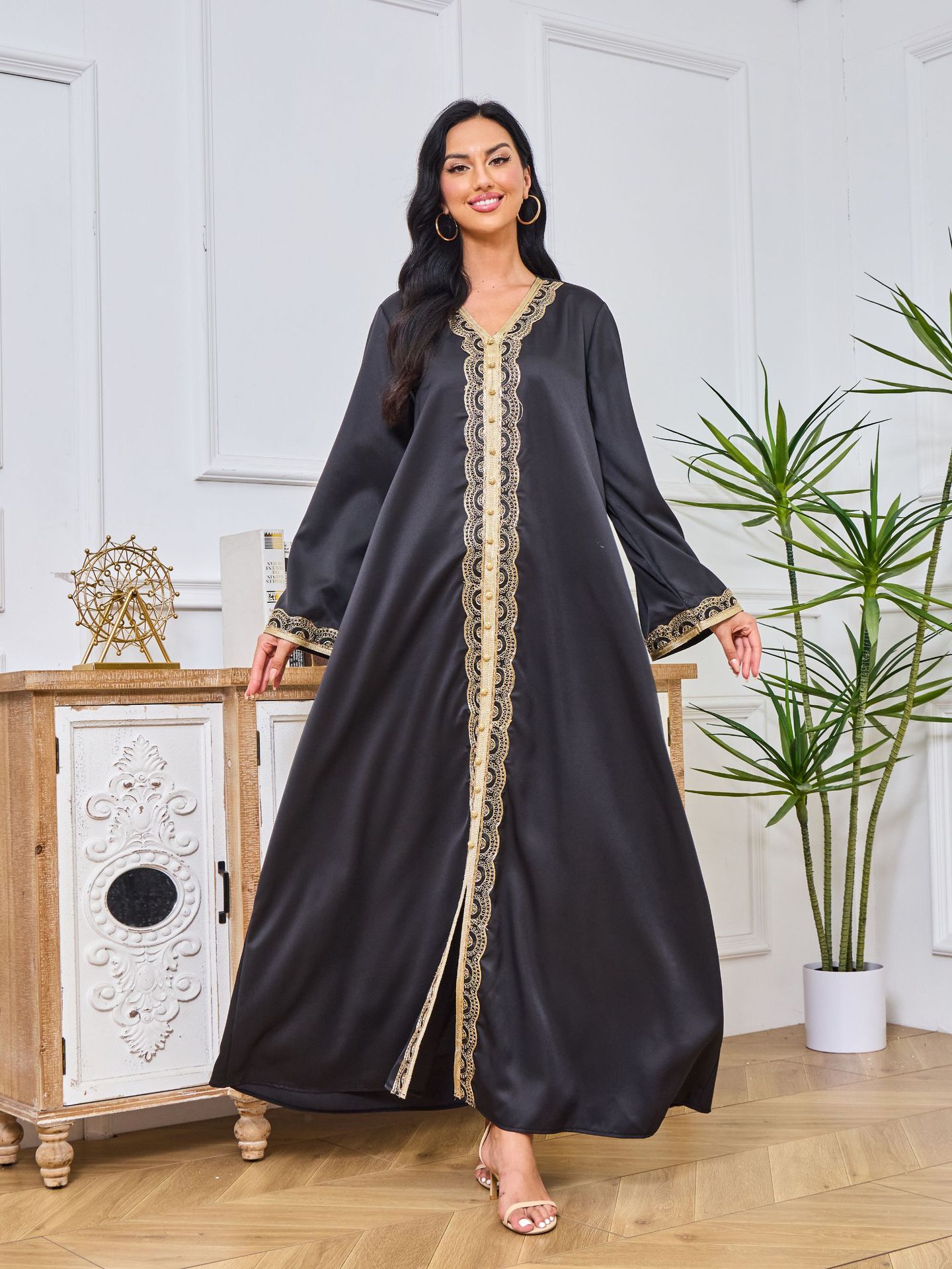 فساتين صيفية مطرزة دانتيل ذهبي فستان إسلامي طويل فاخر أسود عباية عربية 