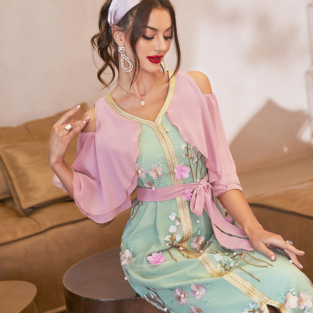 فستان عصري وراقي  , تصنيع الخفافيش قصيرة الأكمام الدانتيل فستان مسلم الموضة الصيف عباية دبي المرأة 