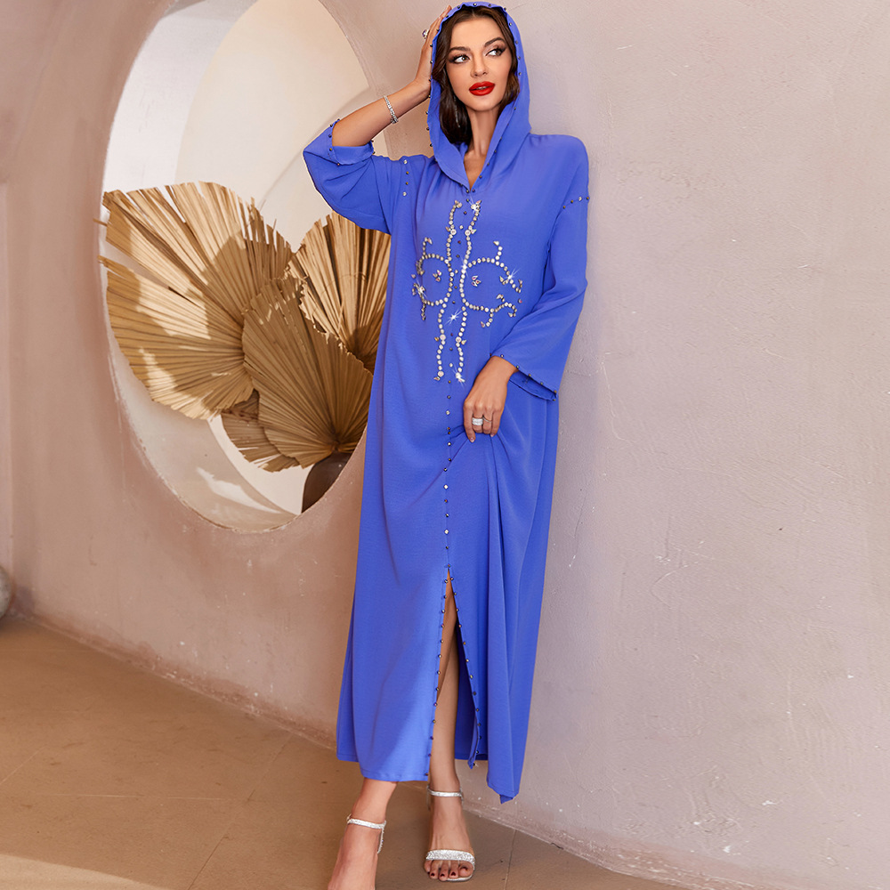  قفطان هادئ وجميل , فستان نسائي على الطراز المغربي بخياطة يدوية مرسومة يدويًا باللون الأزرق مع غطاء للرأس ملابس نسائية من الشرق الأوسط