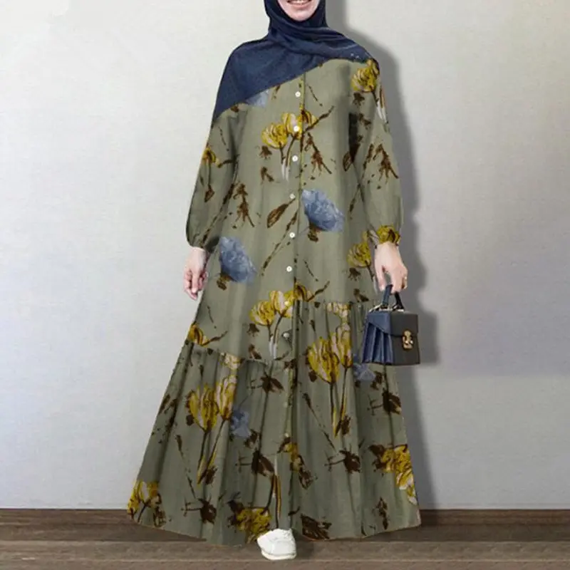 فستان نسائي إسلامي كلاسيكي للربيع فستان صيفي كاجوال بأكمام طويلة عباية بزهور رداء ماكسي