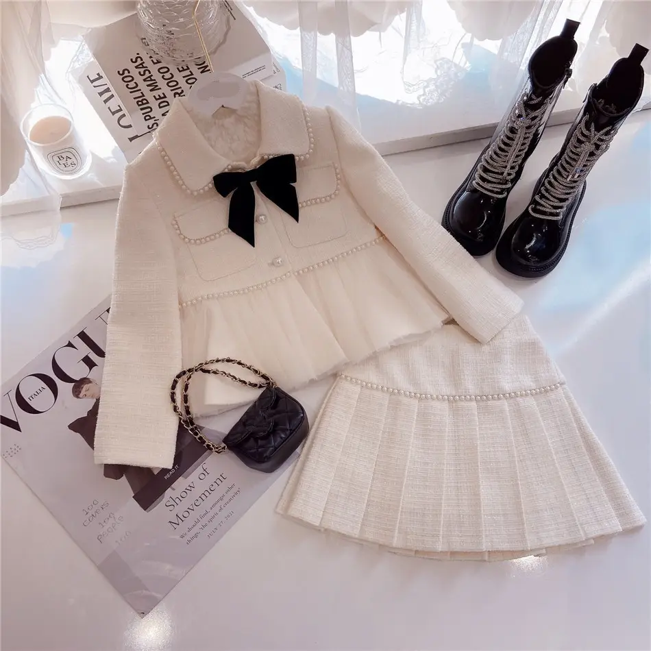 الحلو أطفال بنات الأميرة 2 قطعة الملابس مجموعات الربيع الخريف الأطفال الأزياء الأبيض شبكة معطف + تنورة خمر تتسابق البدلة