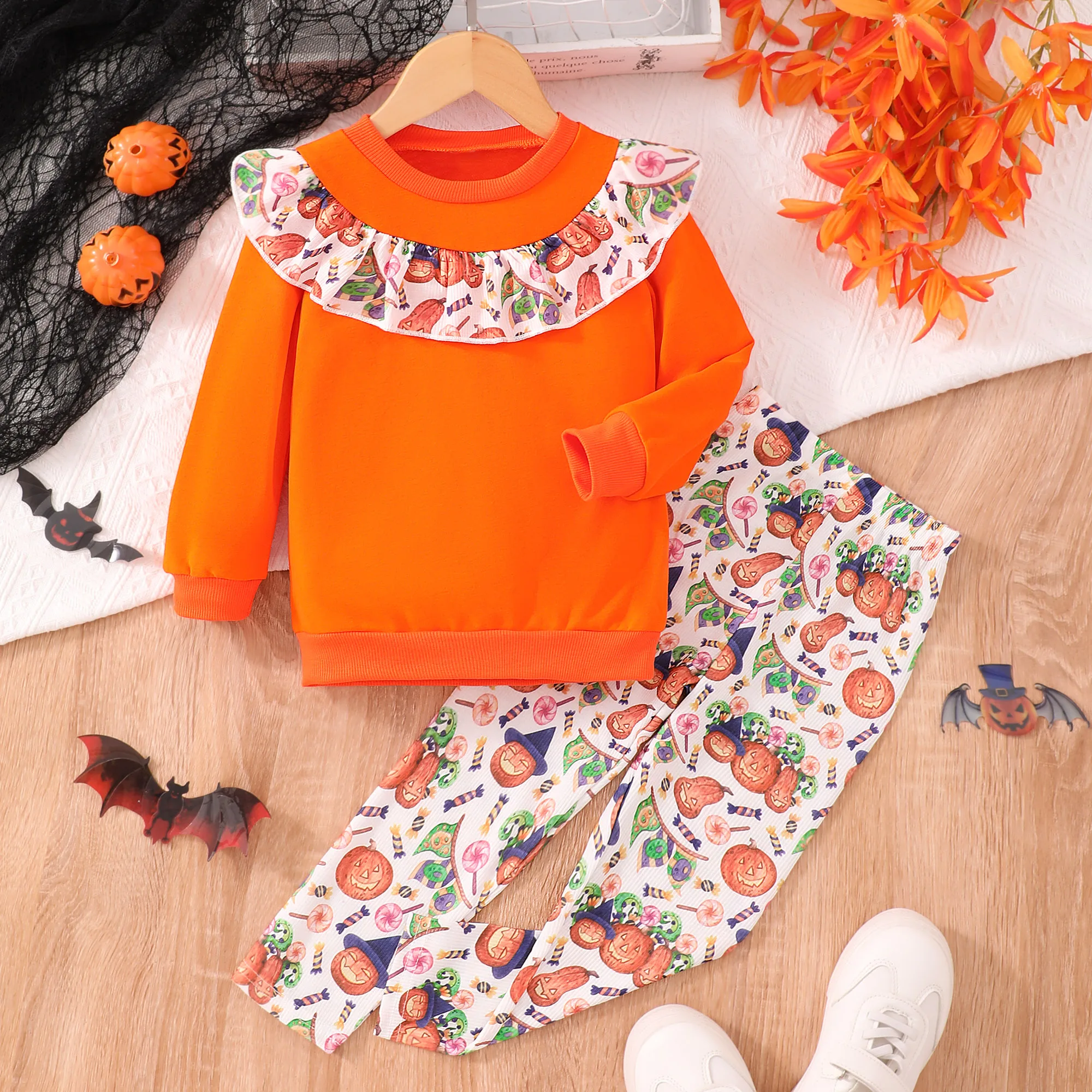 مجموعة ملابس الهالوين للأطفال البنات موضة الخريف والشتاء برتقالية بأكمام طويلة قميص + بنطلون 2 قطعة بدلة ملابس للفتيات