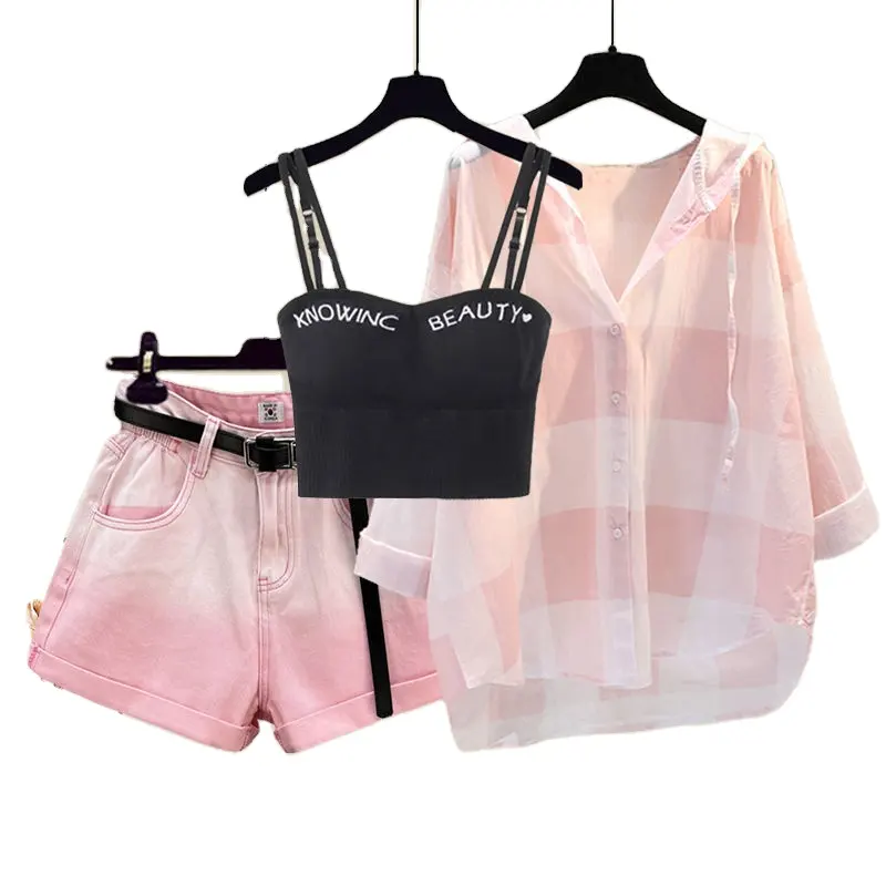 أزياء الصيف قميص منقوشة الوردي حمالة الصدر ثلاث قطع أنيقة ملابس رياضية