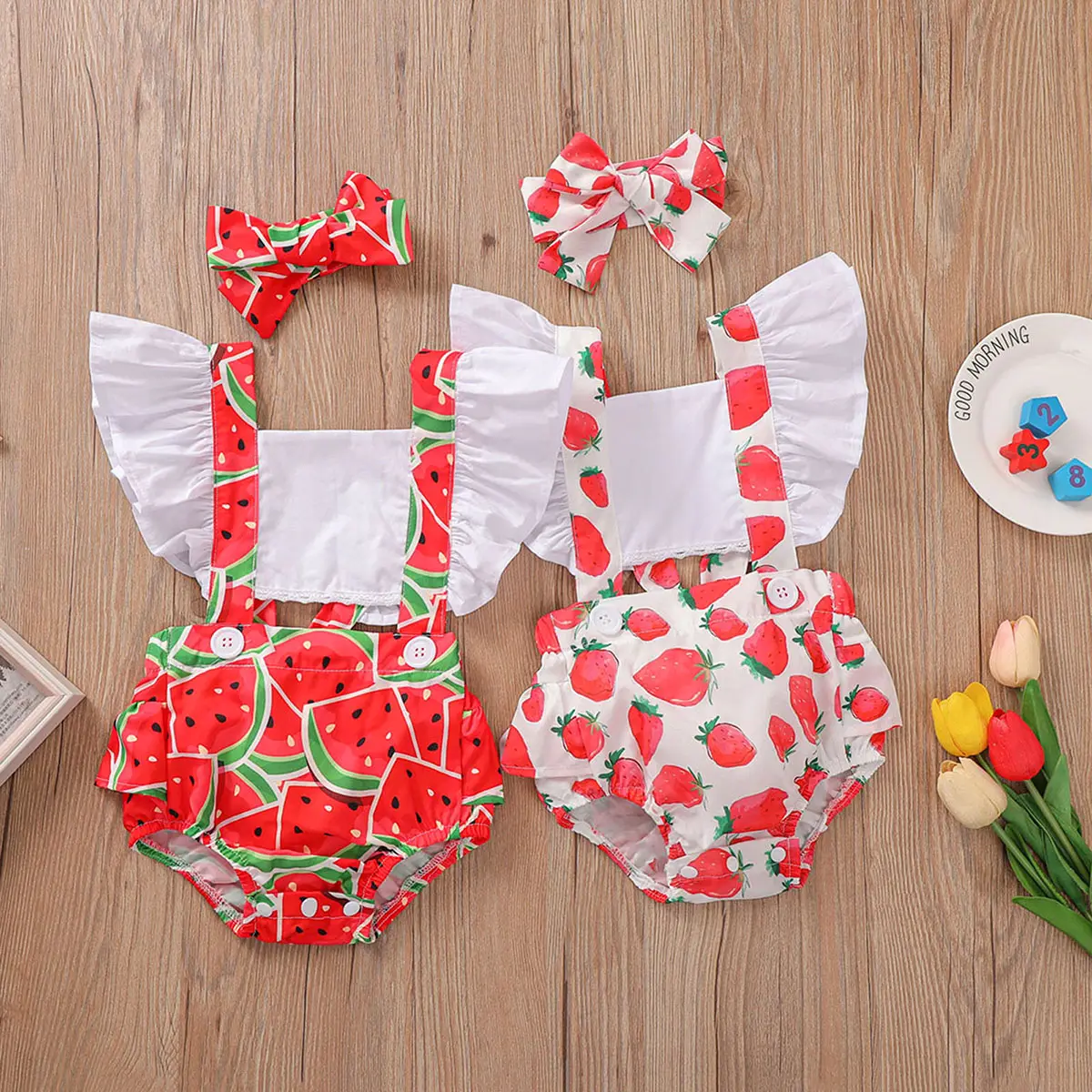 ملابس فضفاضة للأطفال الرضع من البنات مصنوعة من القطن الناعم مطبوع عليها البطيخ والفراولة