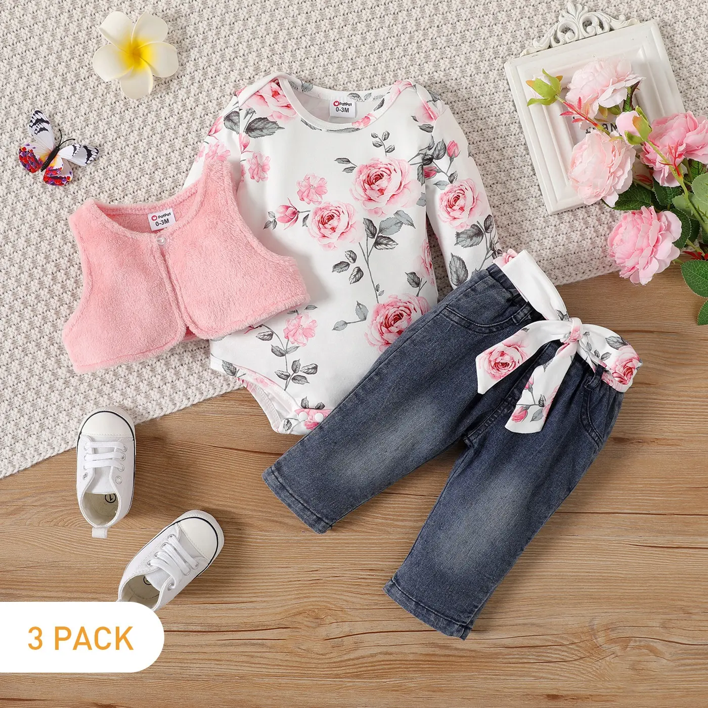 ملابس الخريف للأطفال الرضع صدرية وردية سراويل جينز زهرية غامضة 2 قطعة ملابس لحديثي الولادة ملابس أطفال بناتي