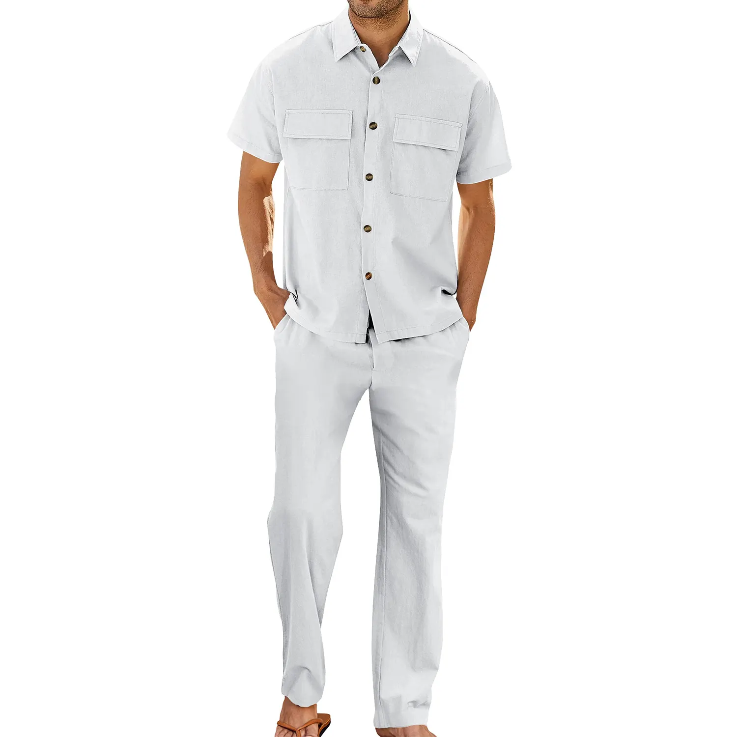قميص صيفي من قطعتين من الكتان من OEM سراويل طويلة مخصصة جودة عالية للرجال أكمام قصيرة قميص قطني من الكتان قميص