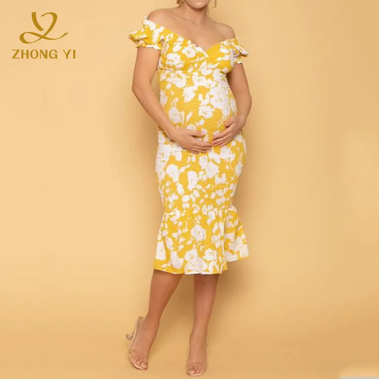  فستان خاصة بطبعة زهور بيضاء مخصصة للنساء الحوامل بأكمام قصيرة منفوشة كاجوال